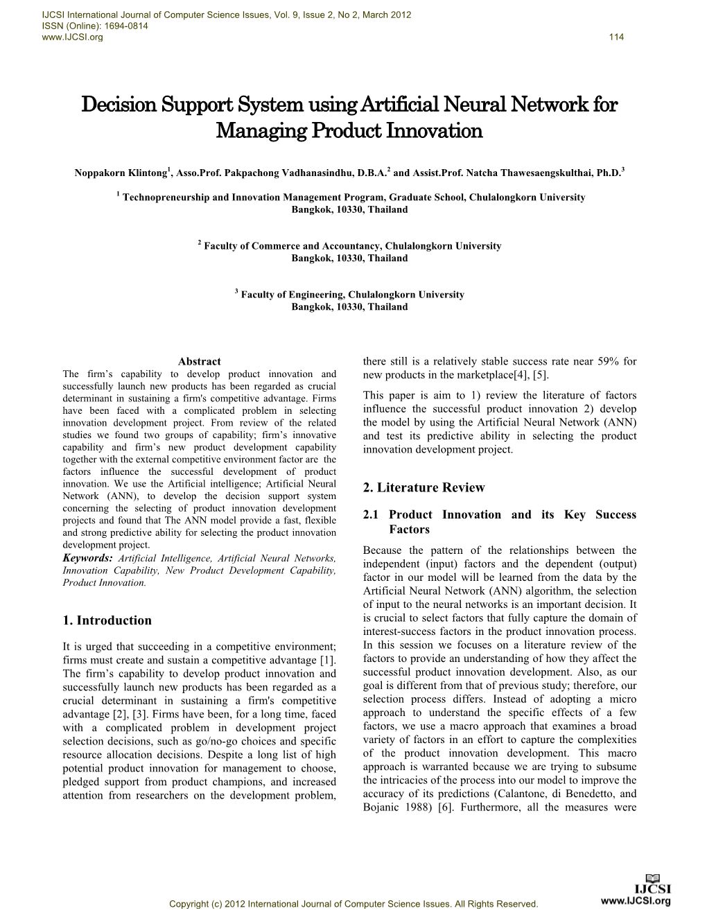 Decision Support System Using Artificial Neural Network for Managing Product Innovation