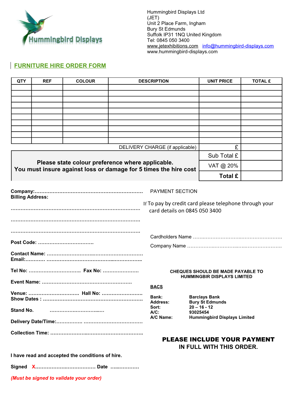 Furniture Hire Order Form