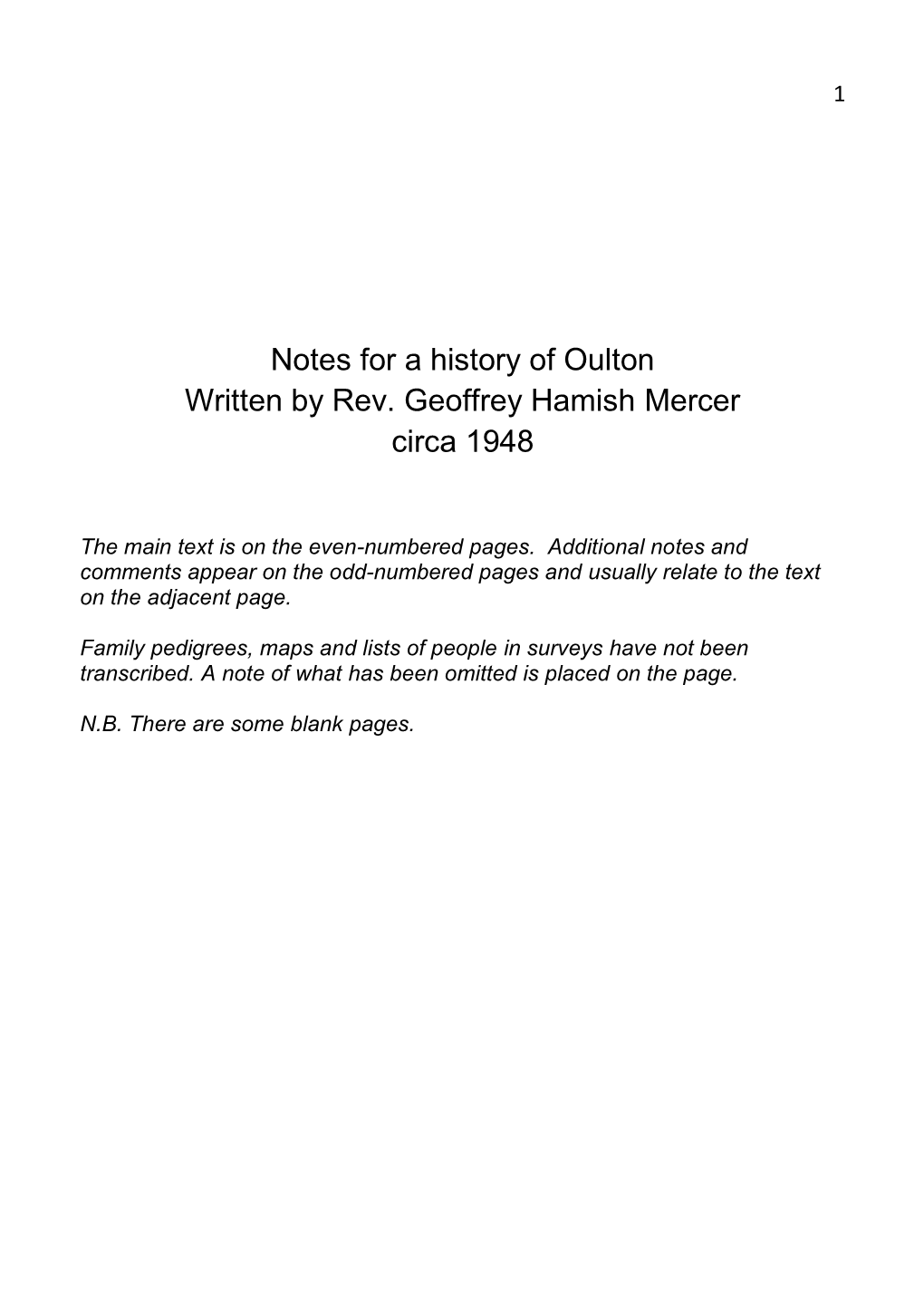 Notes for a History of Oulton Written by Rev. Geoffrey Hamish Mercer Circa 1948