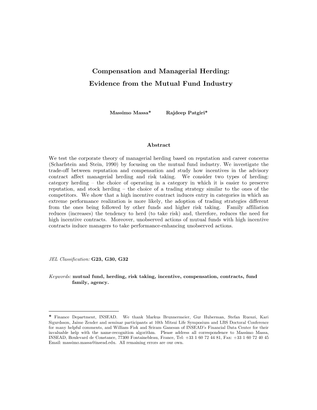 Compensation and Managerial Herding: Evidence from the Mutual Fund Industry