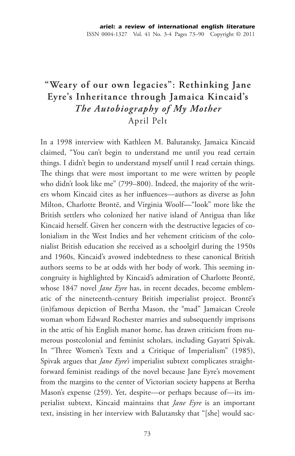 Rethinking Jane Eyre's Inheritance Through Jamaica Kincaid's The