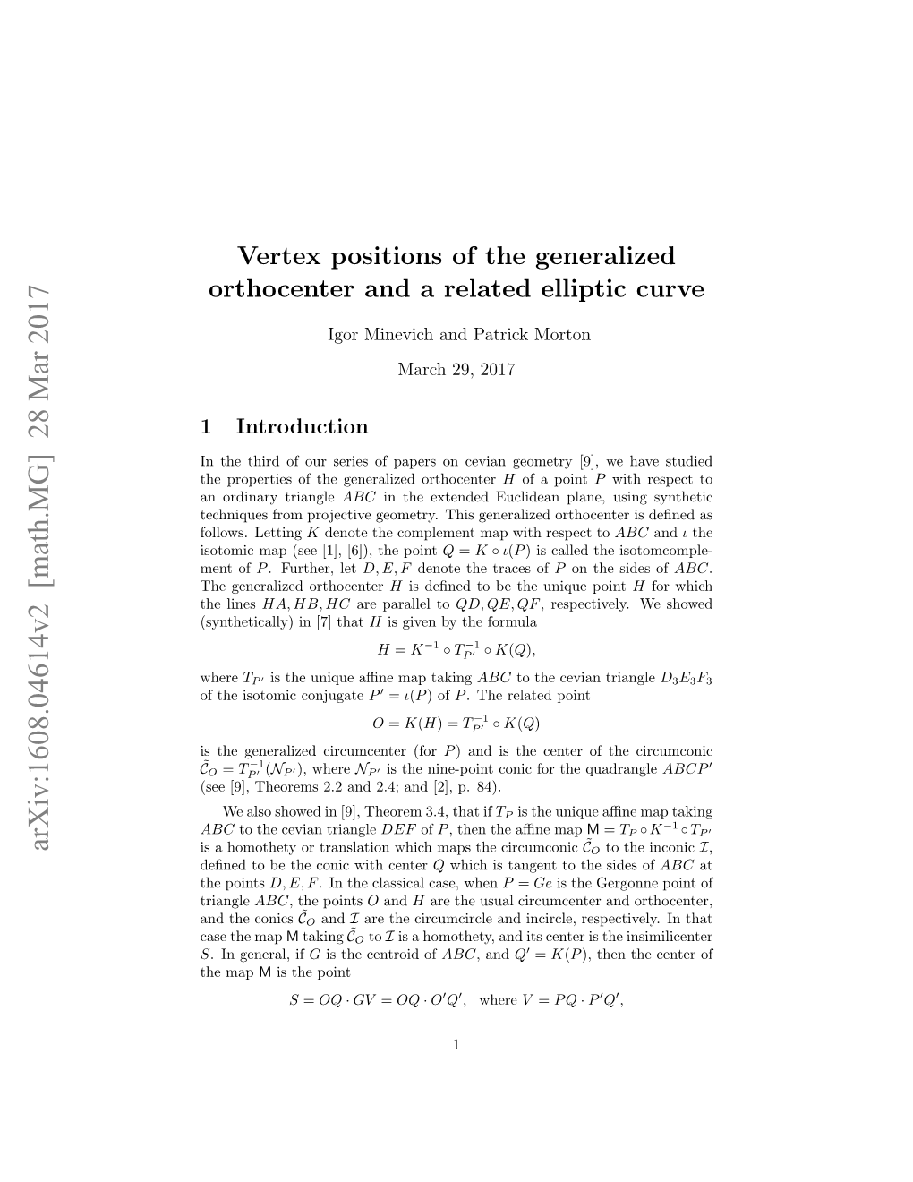 Vertex Positions of the Generalized Orthocenter and a Related Elliptic Curve