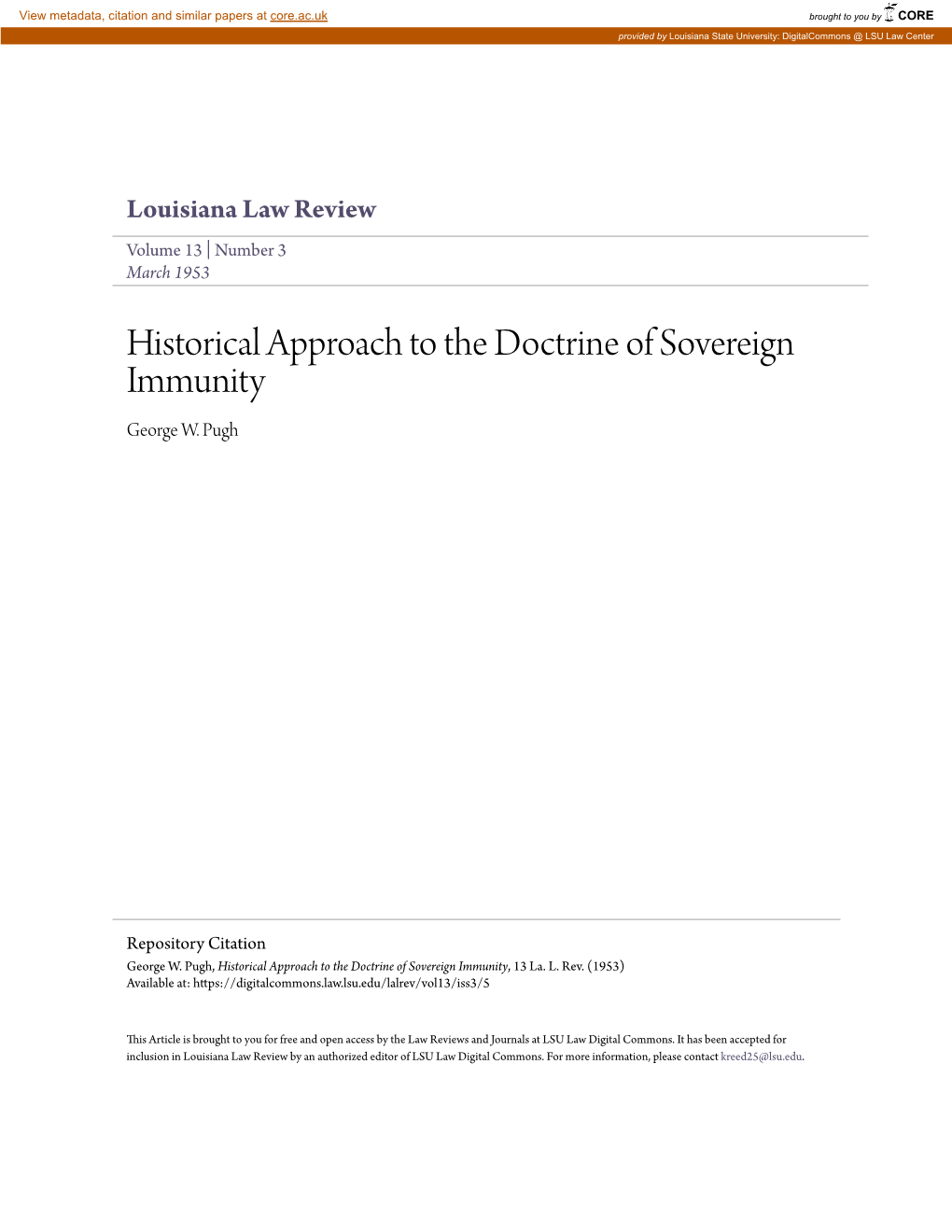 Historical Approach to the Doctrine of Sovereign Immunity George W