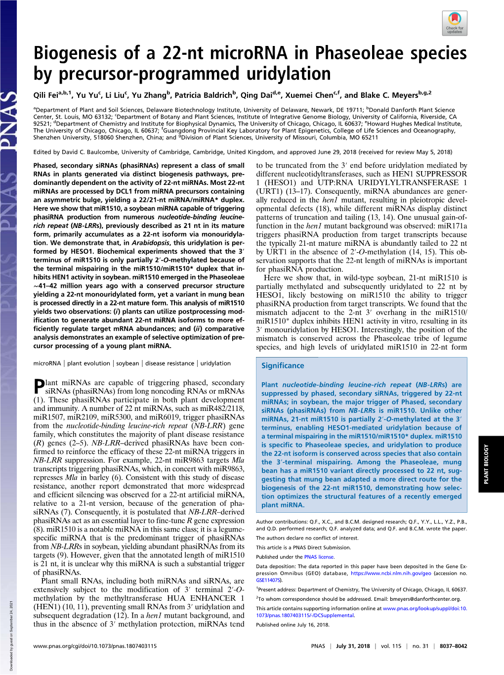 Biogenesis of a 22-Nt Microrna in Phaseoleae Species by Precursor-Programmed Uridylation