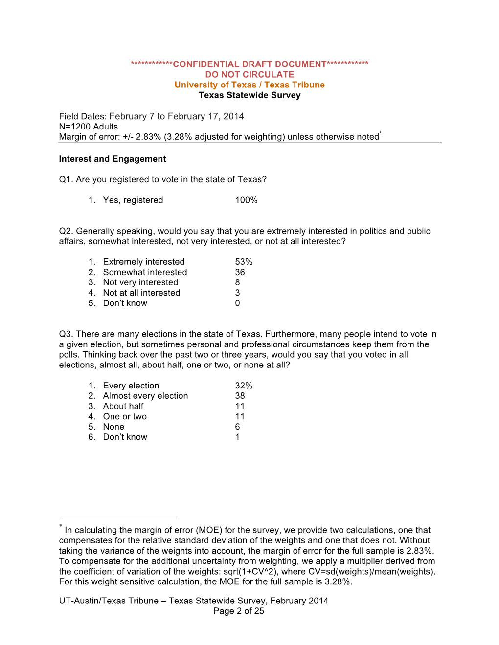 UT-Austin/Texas Tribune – Texas Statewide Survey, February 2014 Page 2 of 25 Most Important Problem