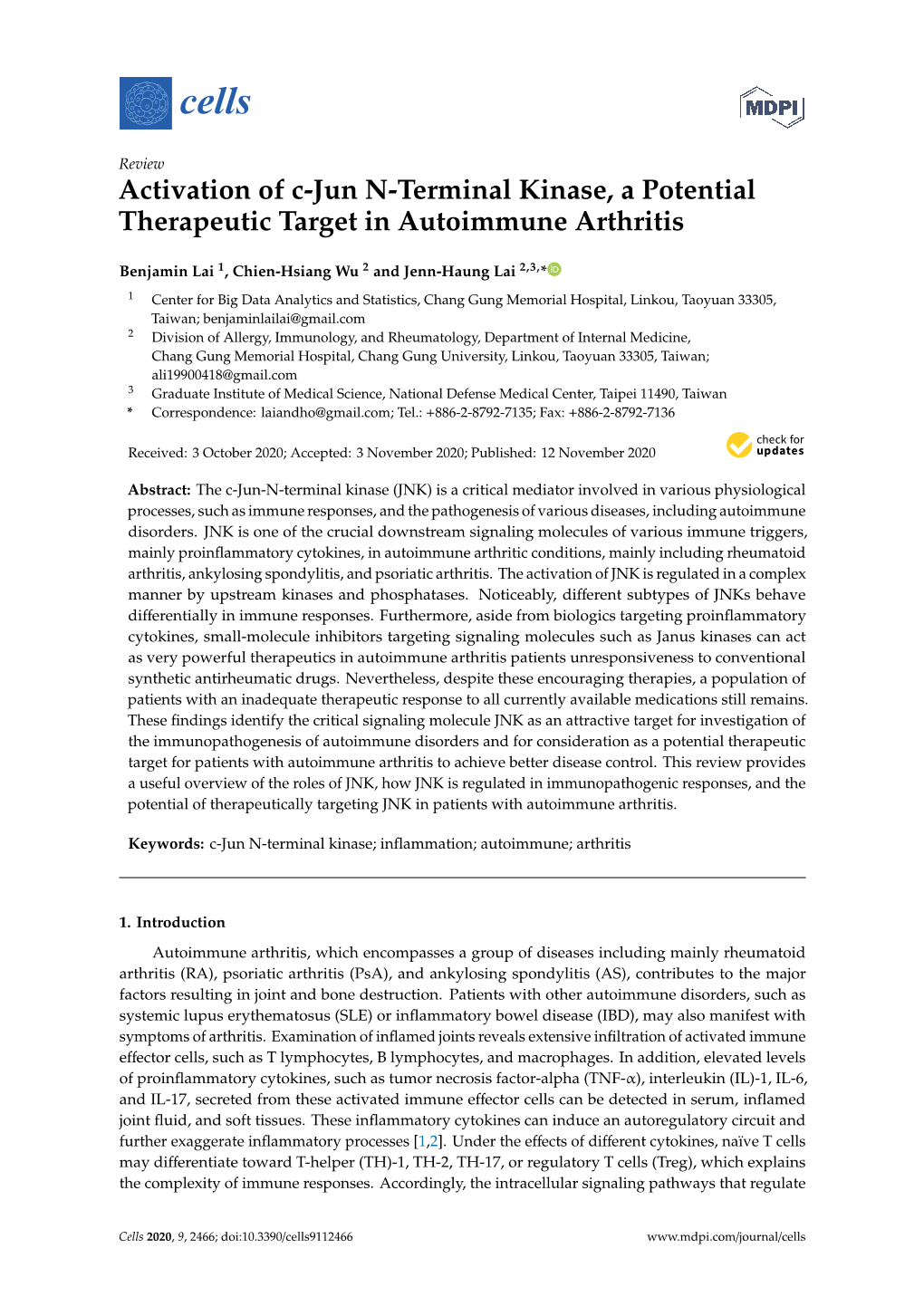 Activation of C-Jun N-Terminal Kinase, a Potential Therapeutic Target in Autoimmune Arthritis