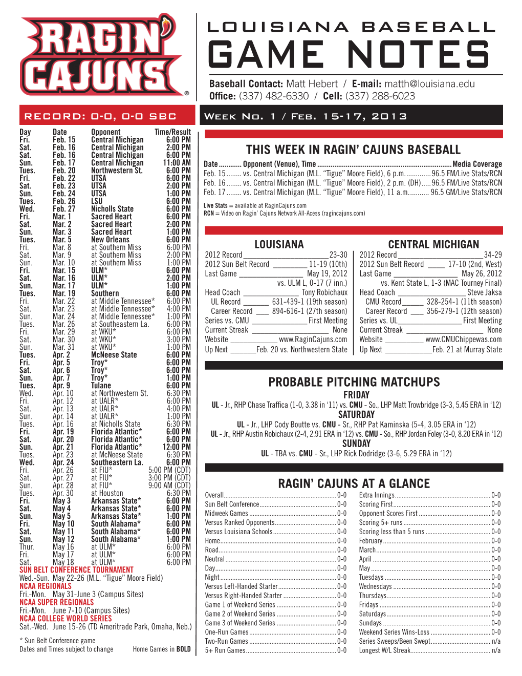 LOUISIANA BASEBALL GAME NOTES STATISTICAL COMPARISON PLAY BALL Louisiana Opens the 2013 Season Friday-Sunday, Feb