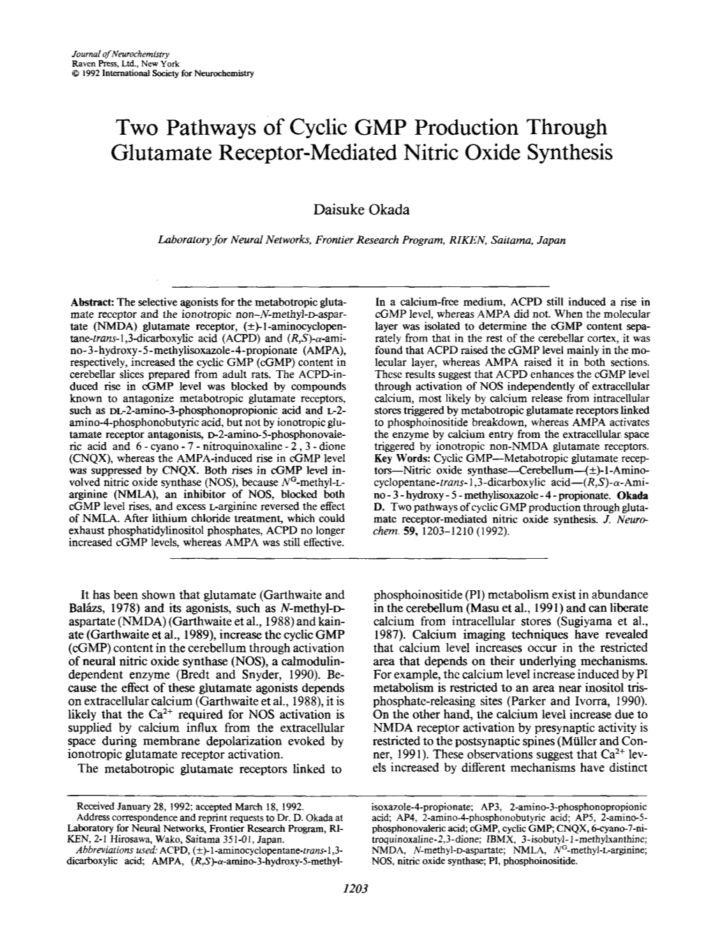 Two Pathways of Cyclic GMP Production Through Glutamate Receptor-Mediated Nitric Oxide Synthesis