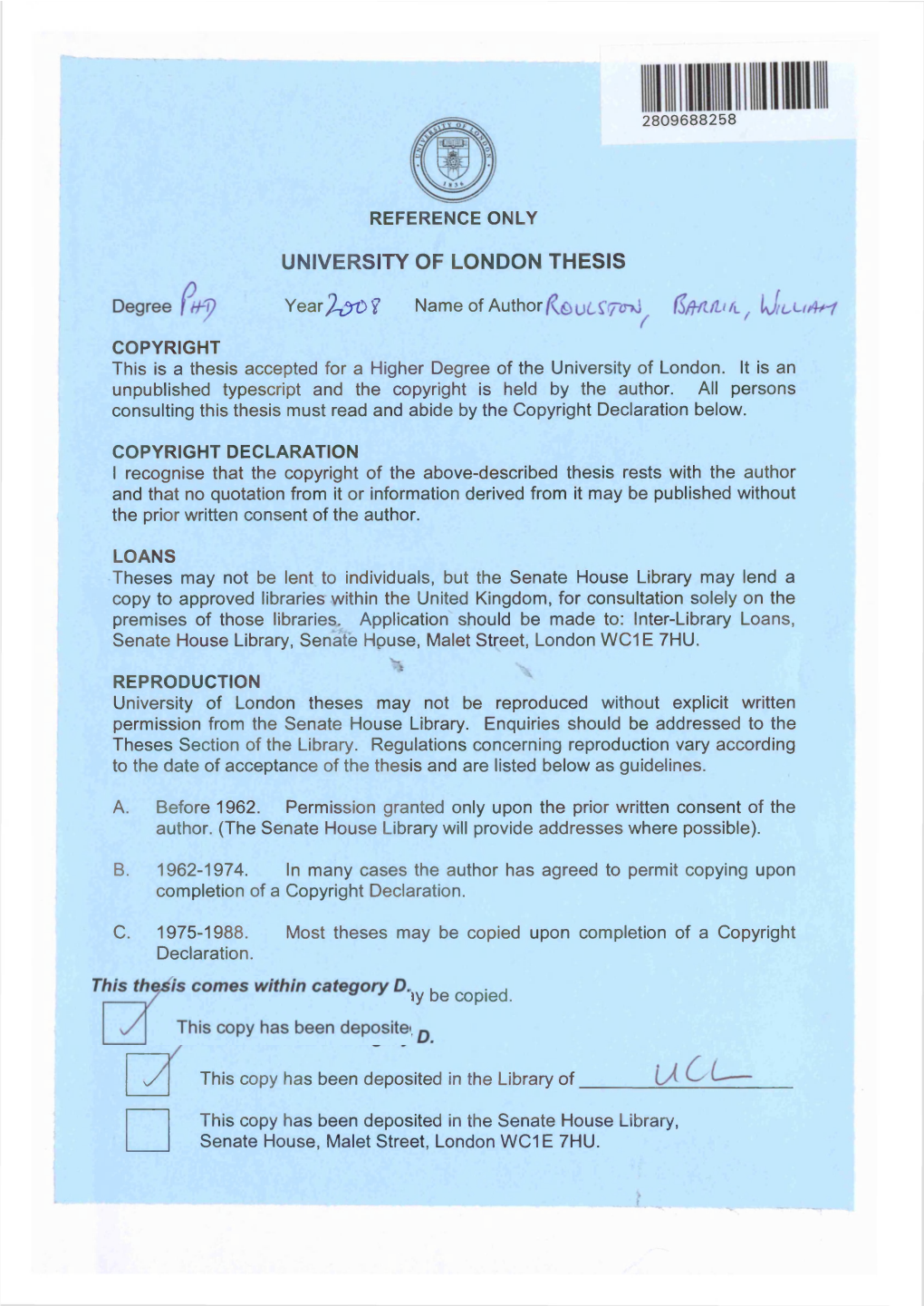 UNIVERSITY of LONDON THESIS Yearfyrof Y