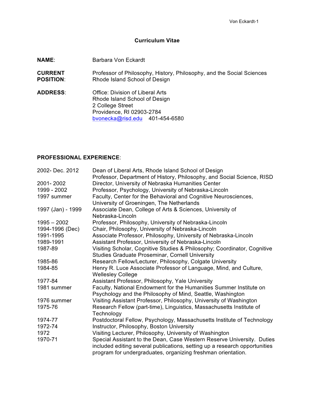 Barbara Von Eckardt's CV