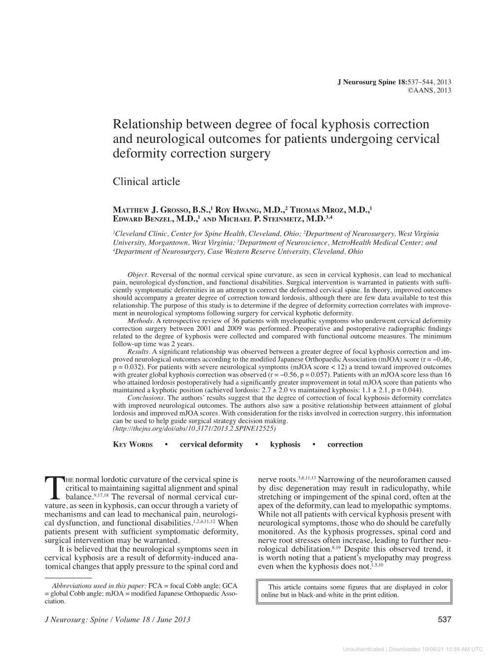 Relationship Between Degree of Focal Kyphosis Correction and Neurological Outcomes for Patients Undergoing Cervical Deformity Correction Surgery