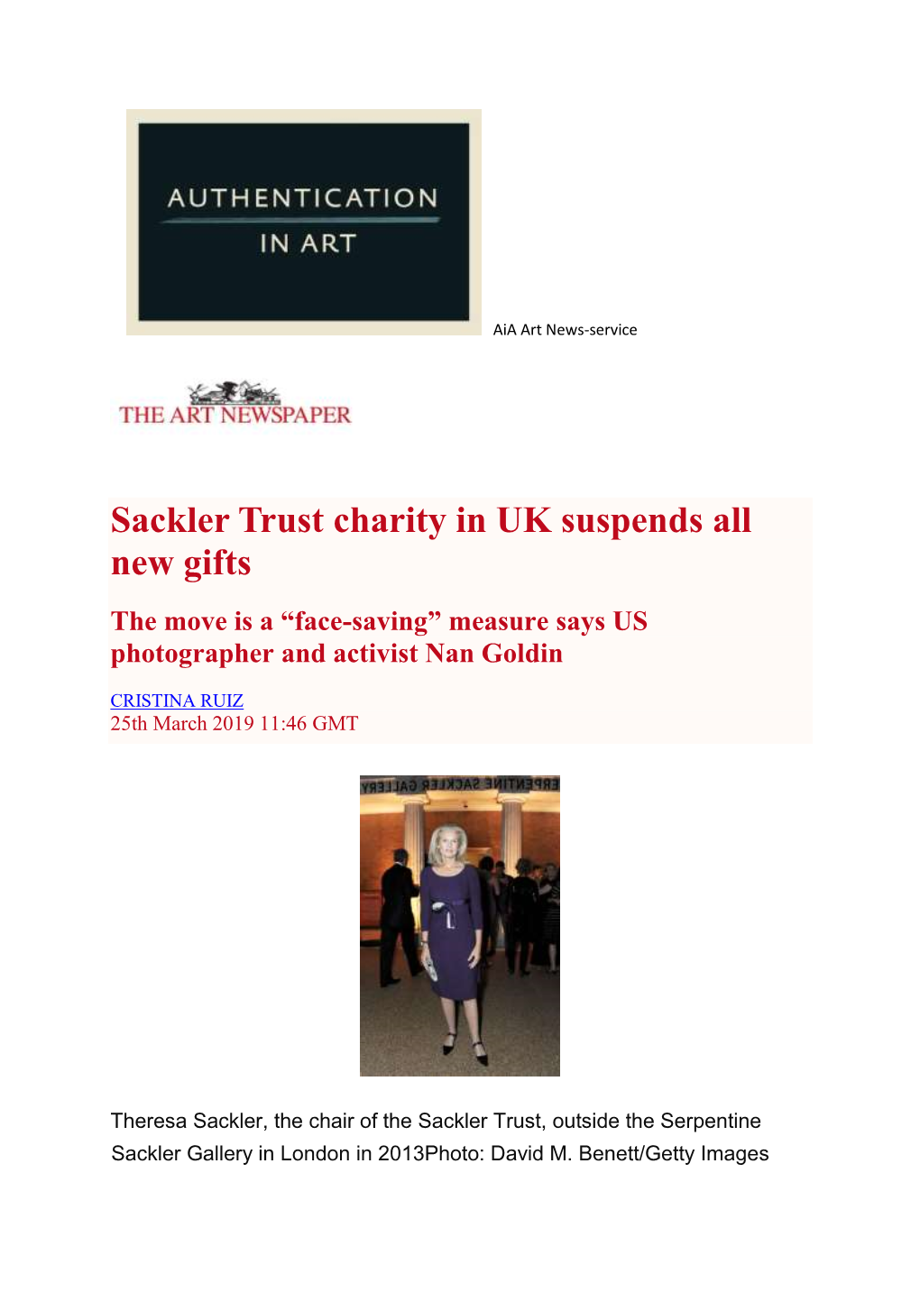 Sackler Trust Charity in UK Suspends All New Gifts the Move Is a “Face-Saving” Measure Says US Photographer and Activist Nan Goldin