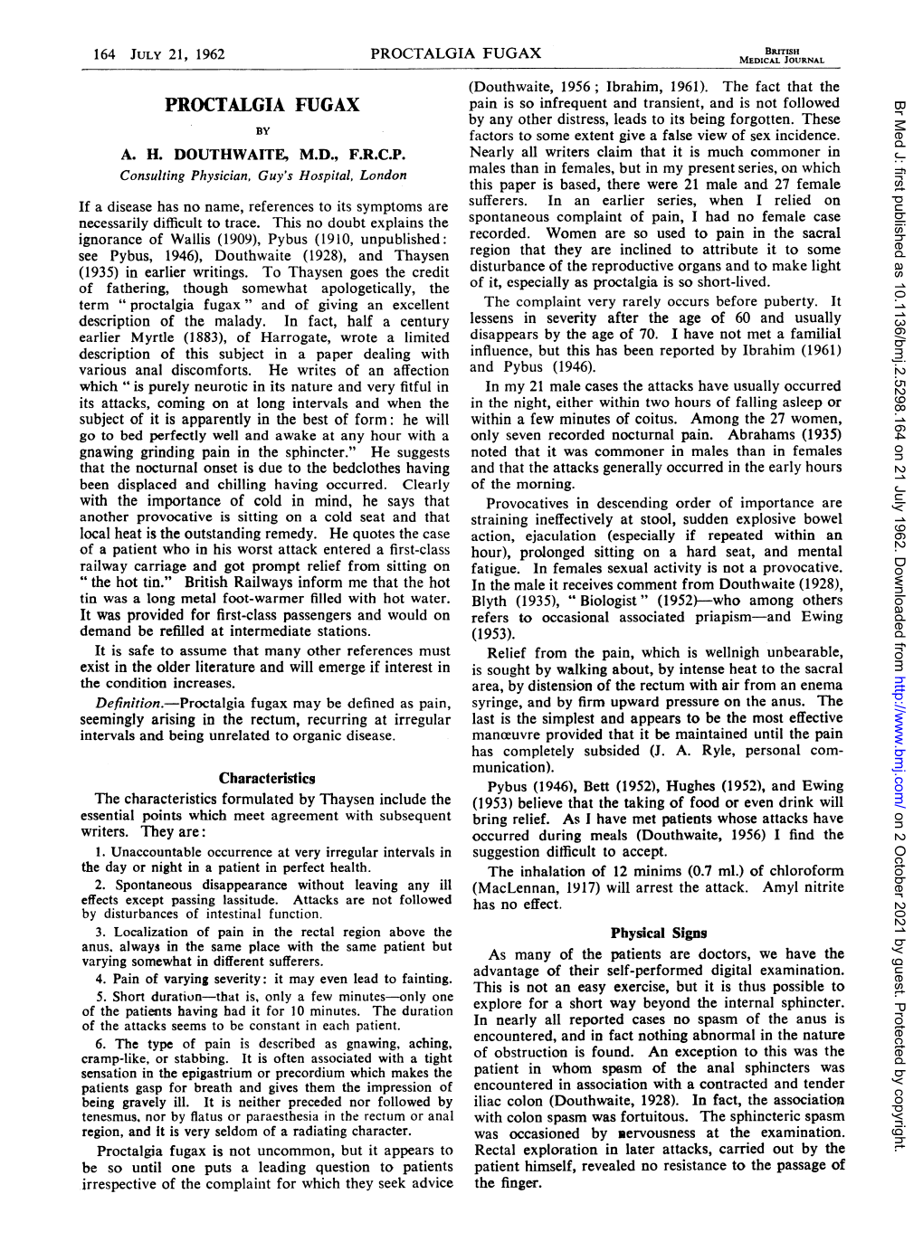 PROCTALGIA FUGAX MEDICAL JOURNAL (Douthwaite, 1956; Ibrahim, 1961)