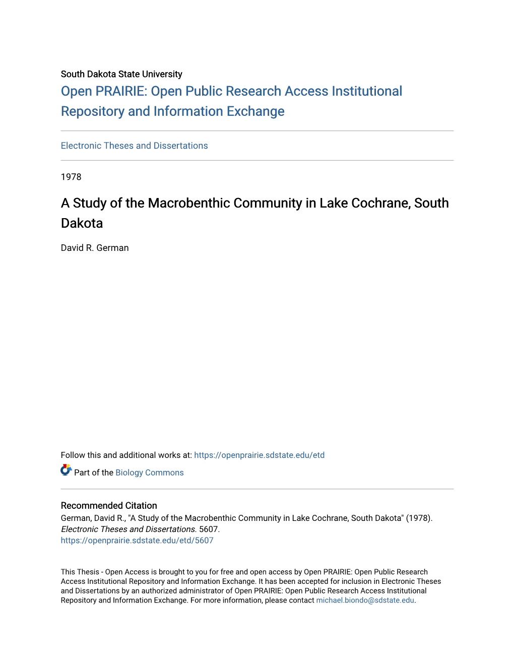 A Study of the Macrobenthic Community in Lake Cochrane, South Dakota