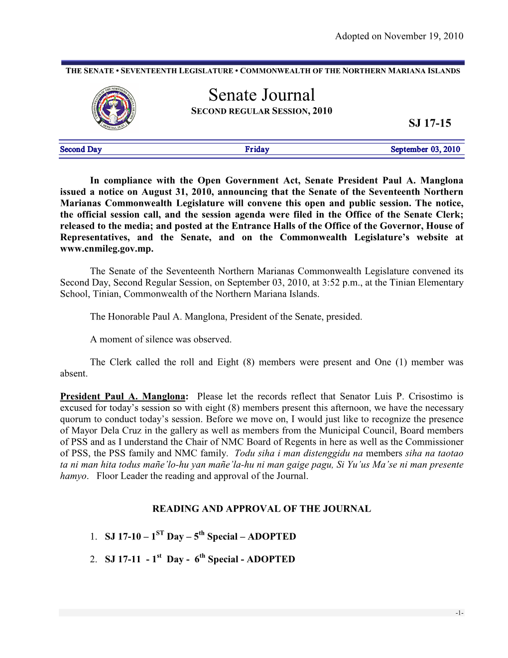 Senate Journal SECOND REGULAR SESSION, 2010 SJ 17-15