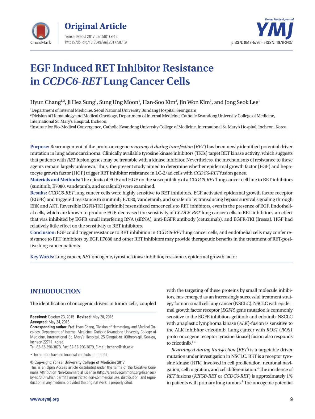 EGF Induced RET Inhibitor Resistance in CCDC6-Retlung Cancer Cells