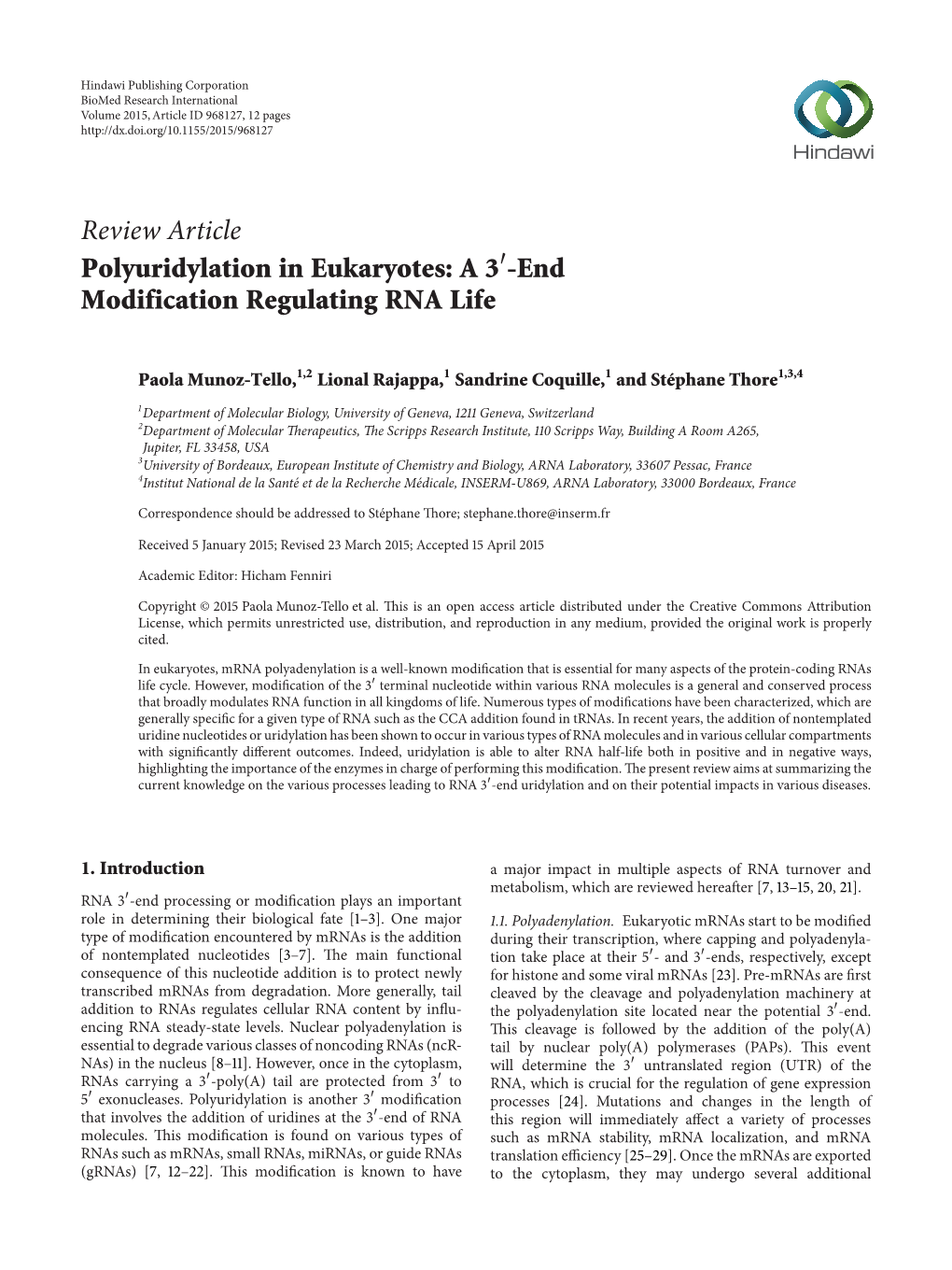 Review Article Polyuridylation in Eukaryotes: a 3 -End Modification