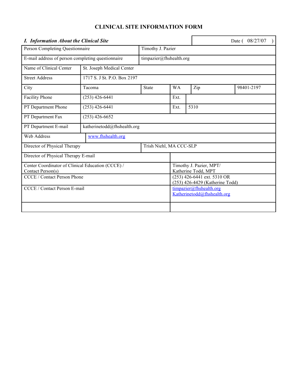 Clinical Center Information Form (Ccif)