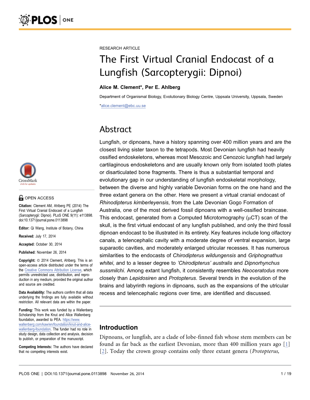 The First Virtual Cranial Endocast of a Lungfish (Sarcopterygii: Dipnoi)