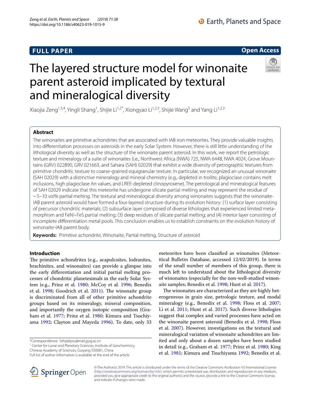The Layered Structure Model for Winonaite Parent Asteroid