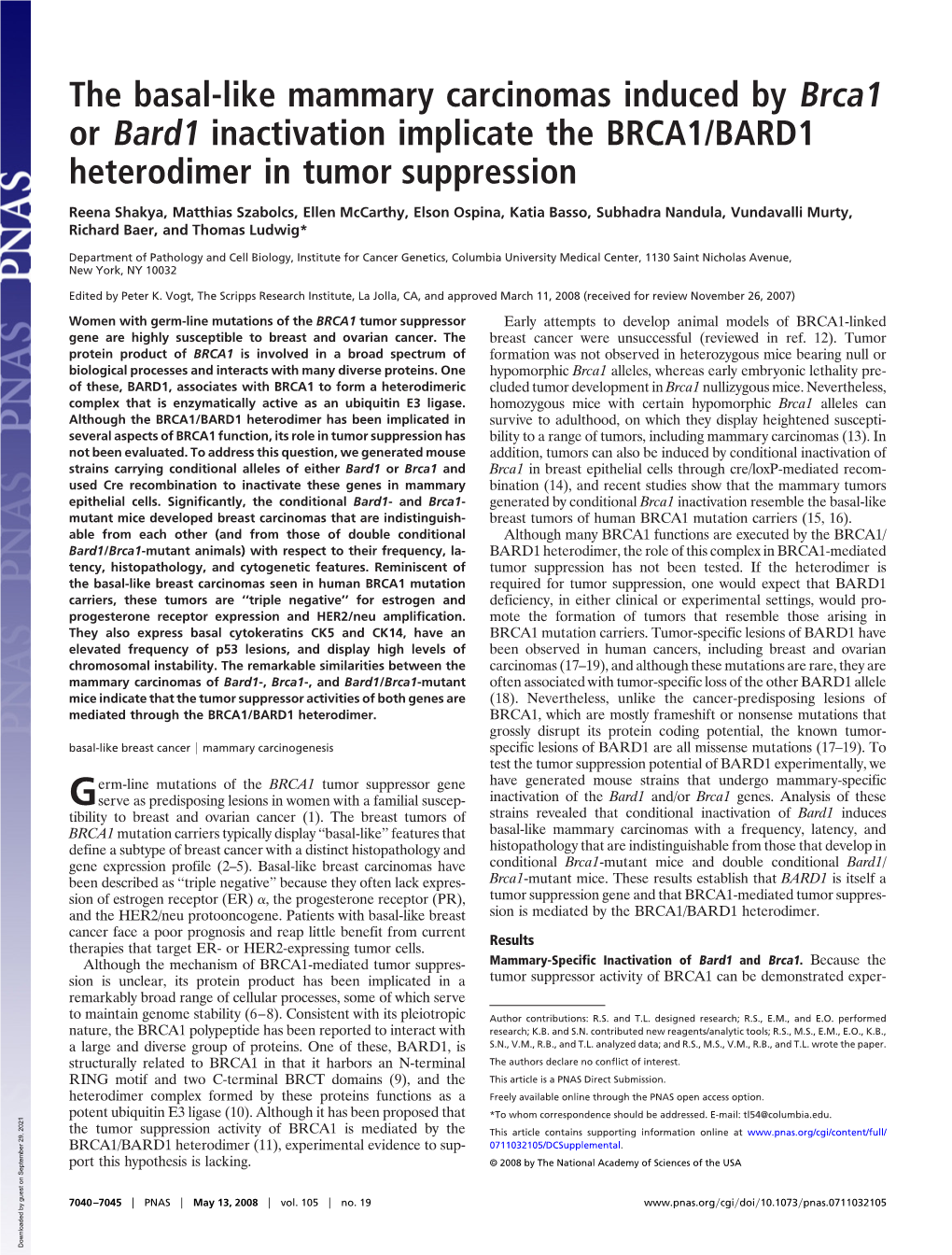 The Basal-Like Mammary Carcinomas Induced by Brca1 Or Bard1 Inactivation Implicate the BRCA1/BARD1 Heterodimer in Tumor Suppression