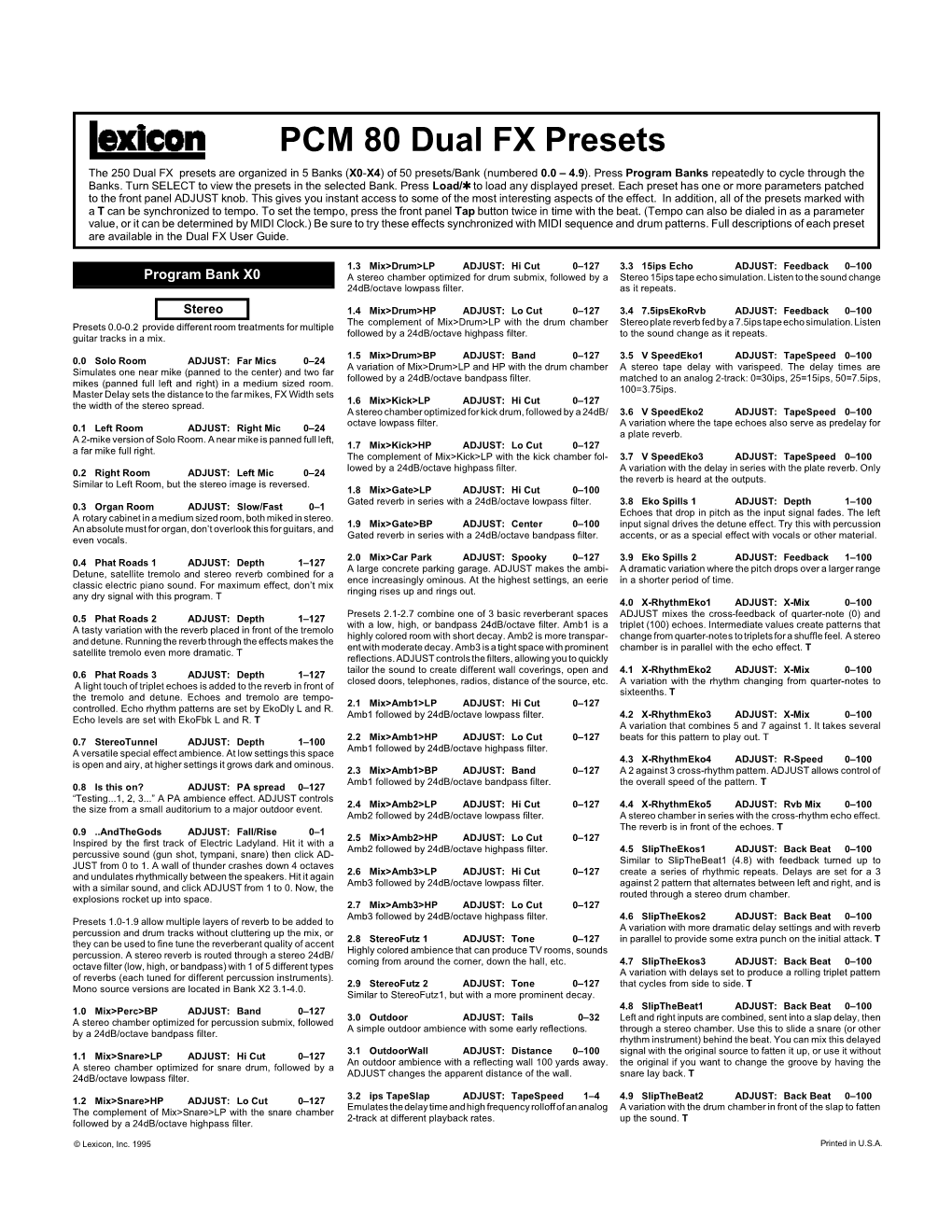 PCM 80 Dual FX Presets PCM 80 Dual FX Presets the 250 Dual FX Presets Are Organized in 5 Banks (X0-X4) of 50 Presets/Bank (Numbered 0.0 Ð 4.9)