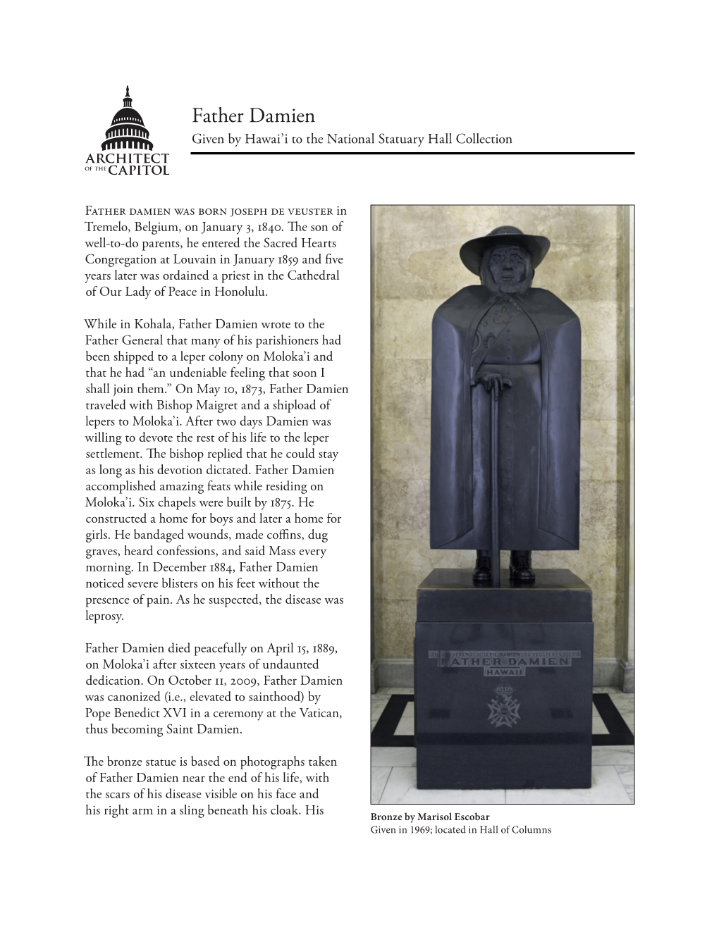 Father Damien Given by Hawai’I to the National Statuary Hall Collection