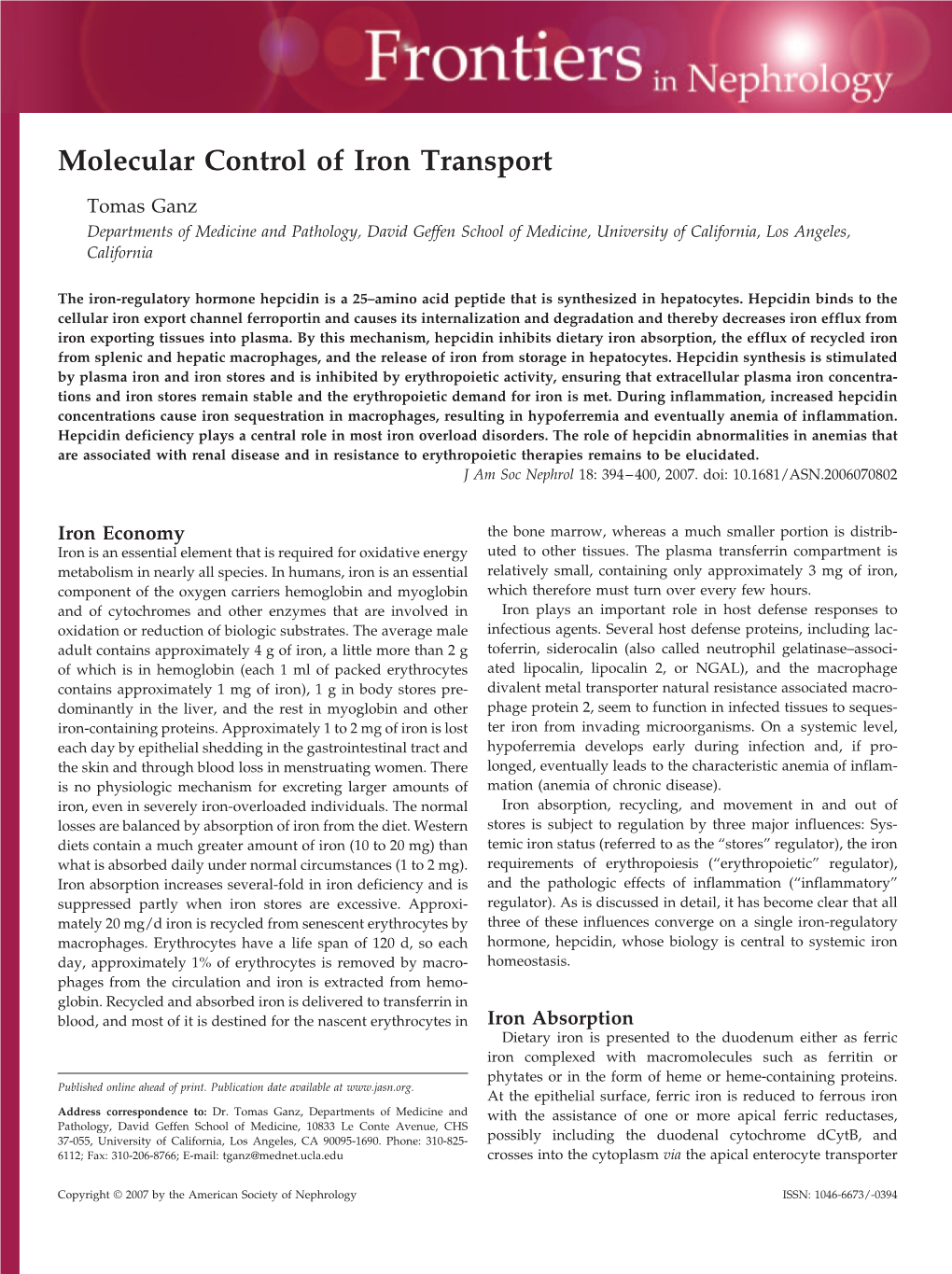 Molecular Control of Iron Transport