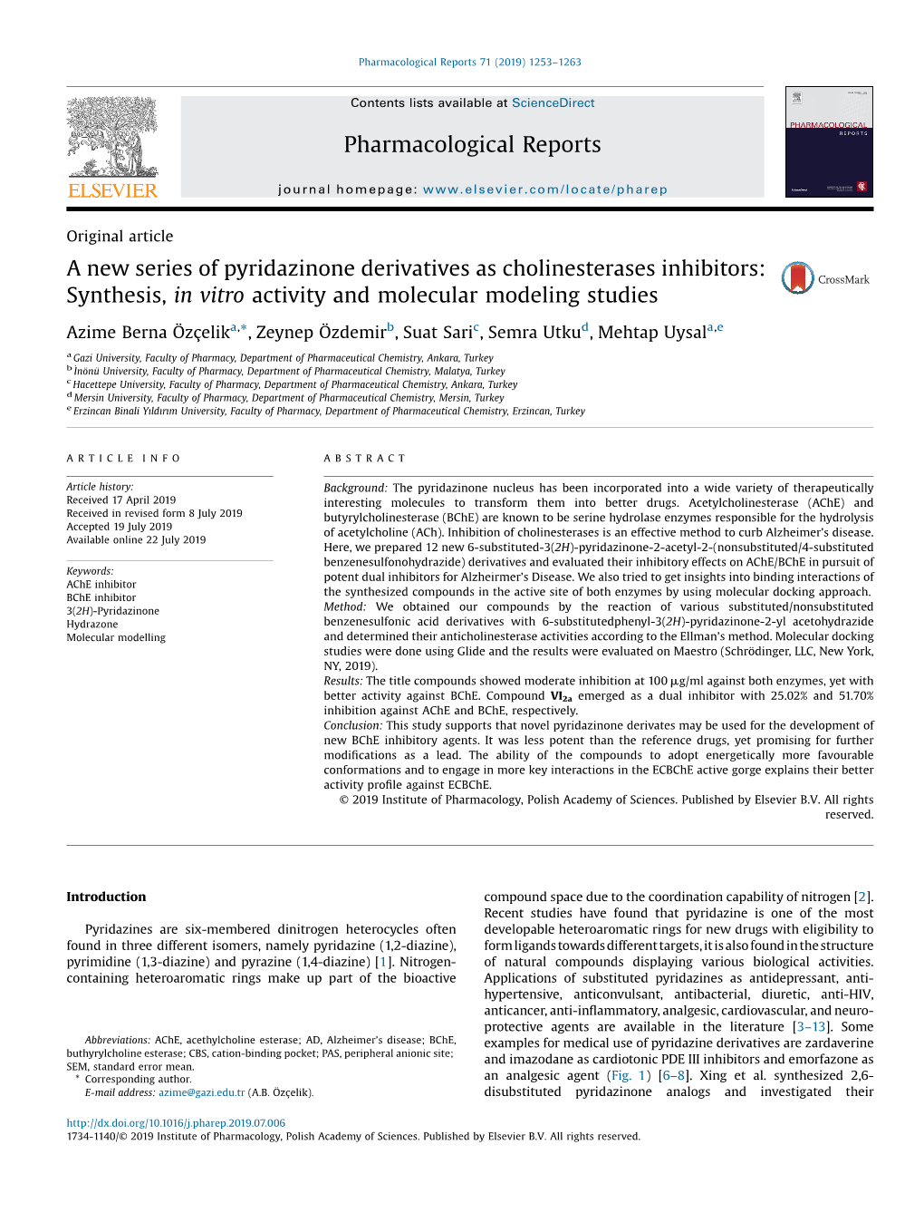 A New Series of Pyridazinone Derivatives As Cholinesterases Inhibitors