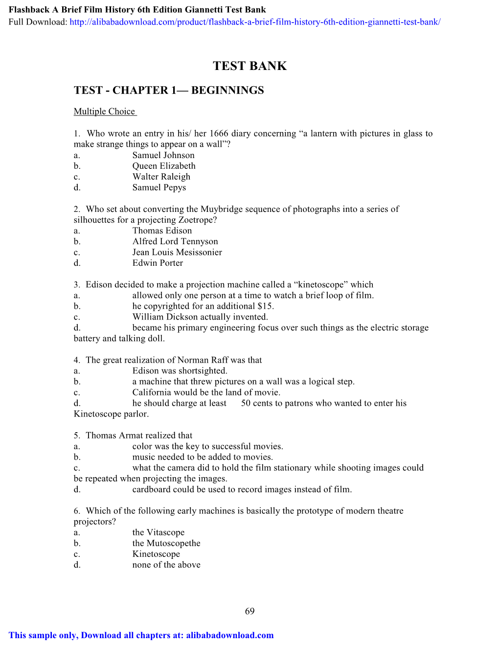 Flashback a Brief Film History 6Th Edition Giannetti Test Bank