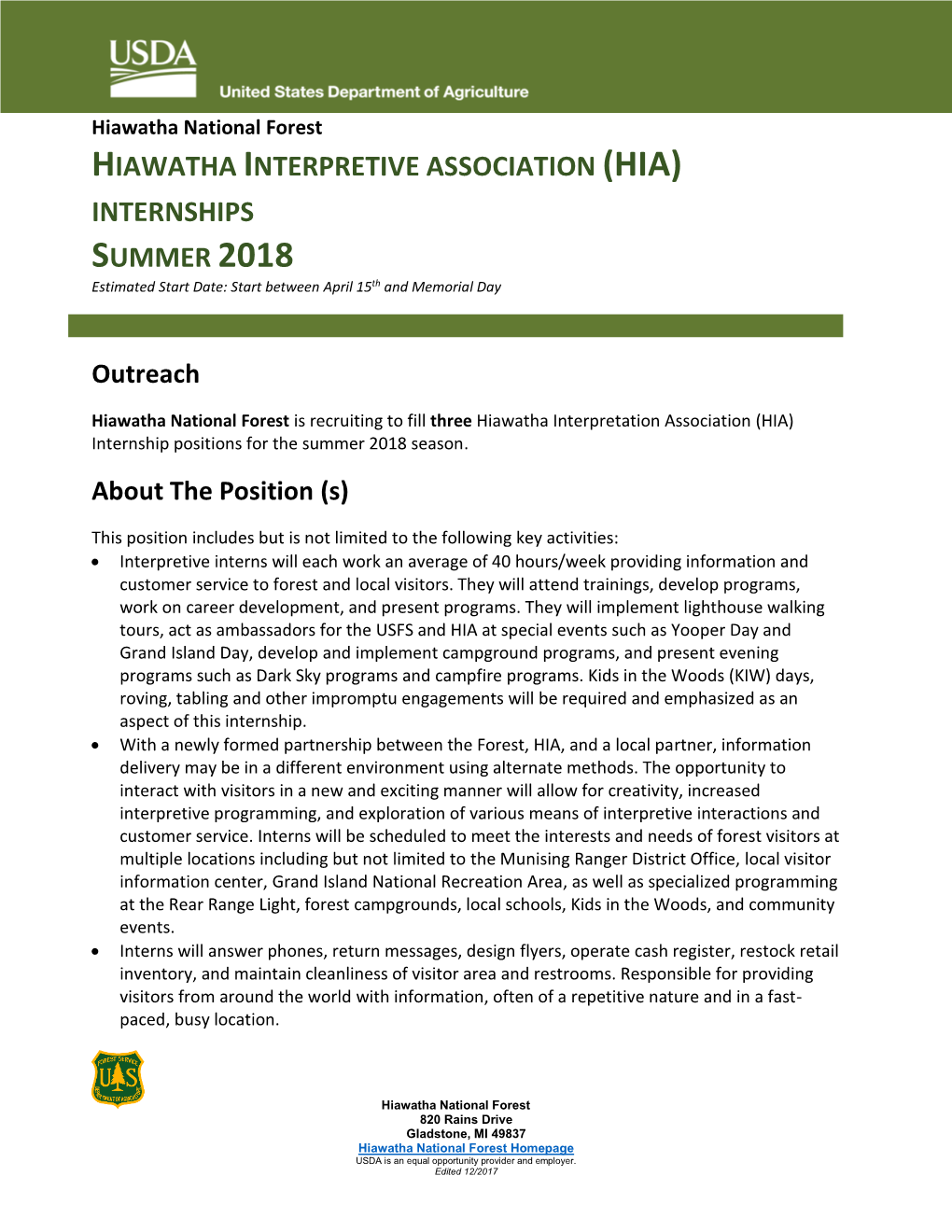 HIAWATHA INTERPRETIVE ASSOCIATION (HIA) INTERNSHIPS SUMMER 2018 Estimated Start Date: Start Between April 15Th and Memorial Day