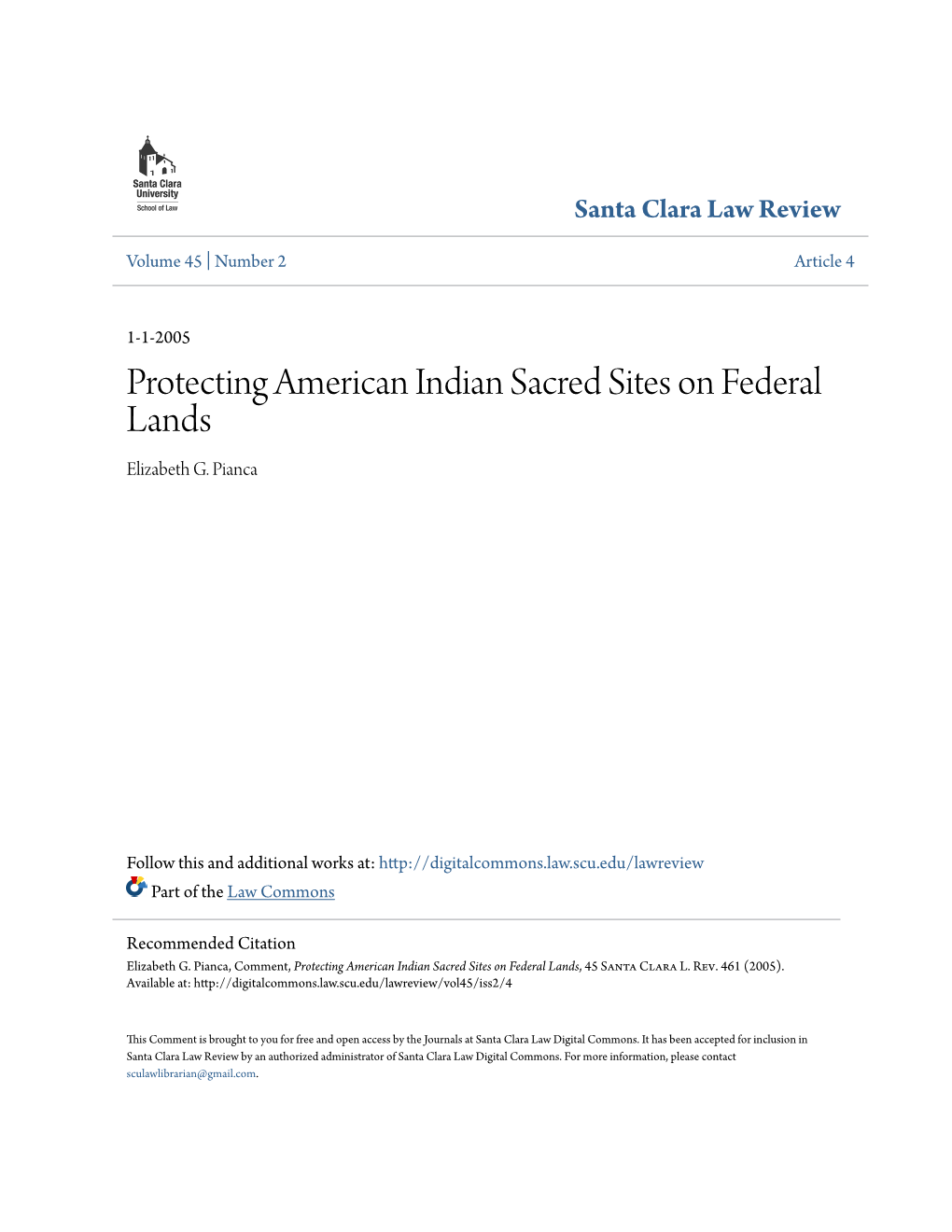 Protecting American Indian Sacred Sites on Federal Lands Elizabeth G