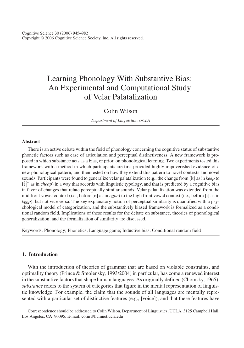 Learning Phonology with Substantive Bias: an Experimental and Computational Study of Velar Palatalization