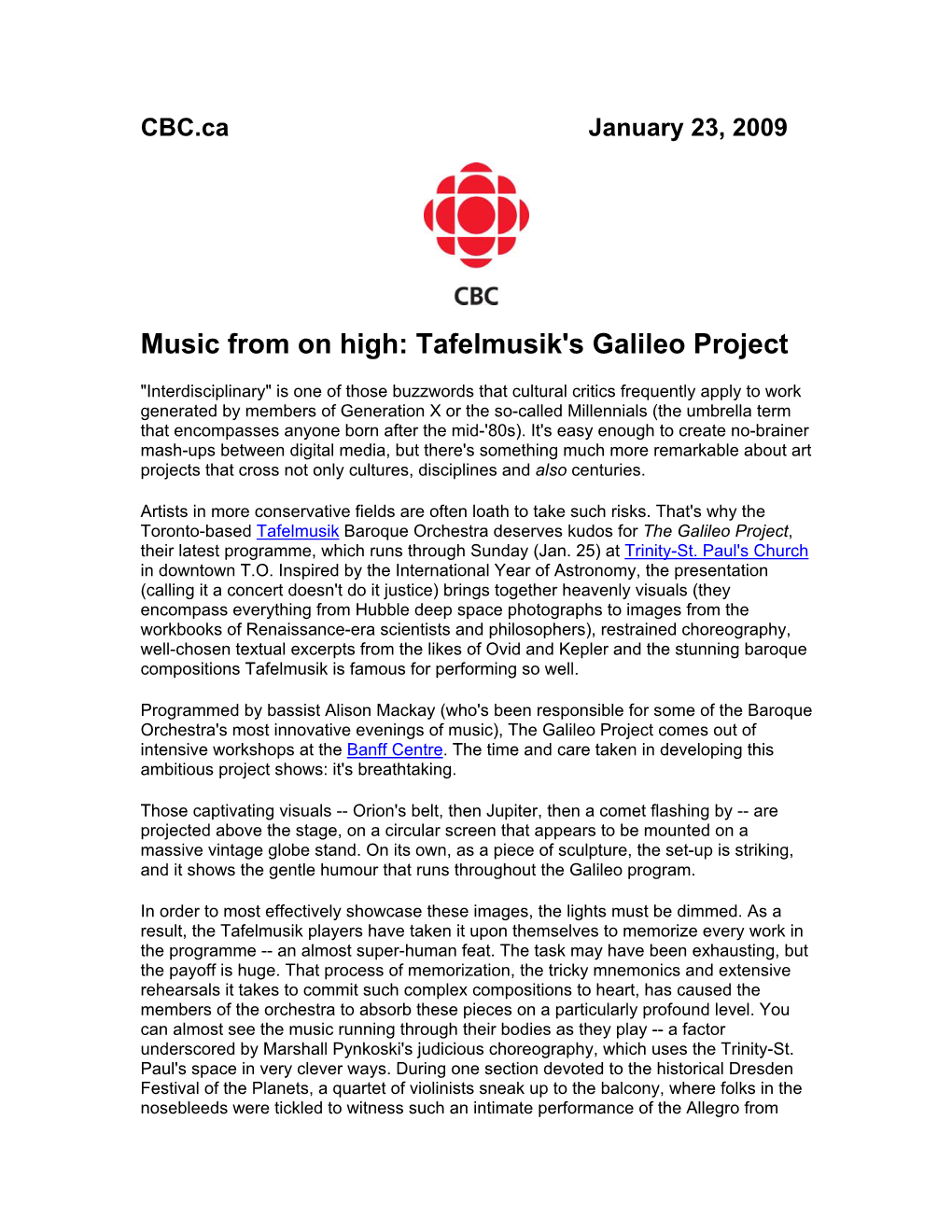 Music from on High: Tafelmusik's Galileo Project