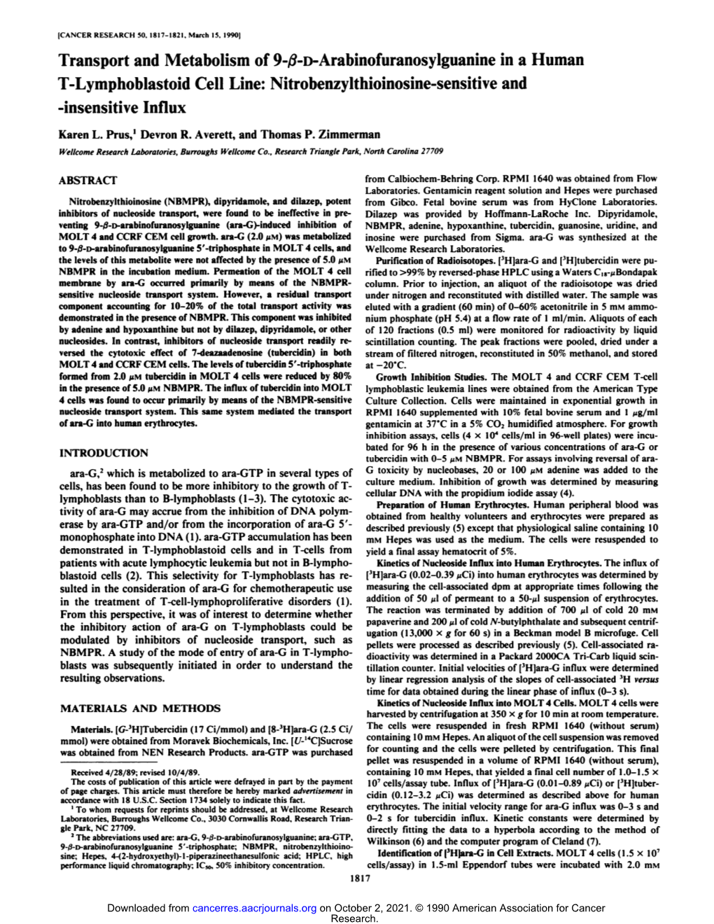 Nitrobenzylthioinosine-Sensitive and -Insensitive Influx Karen L