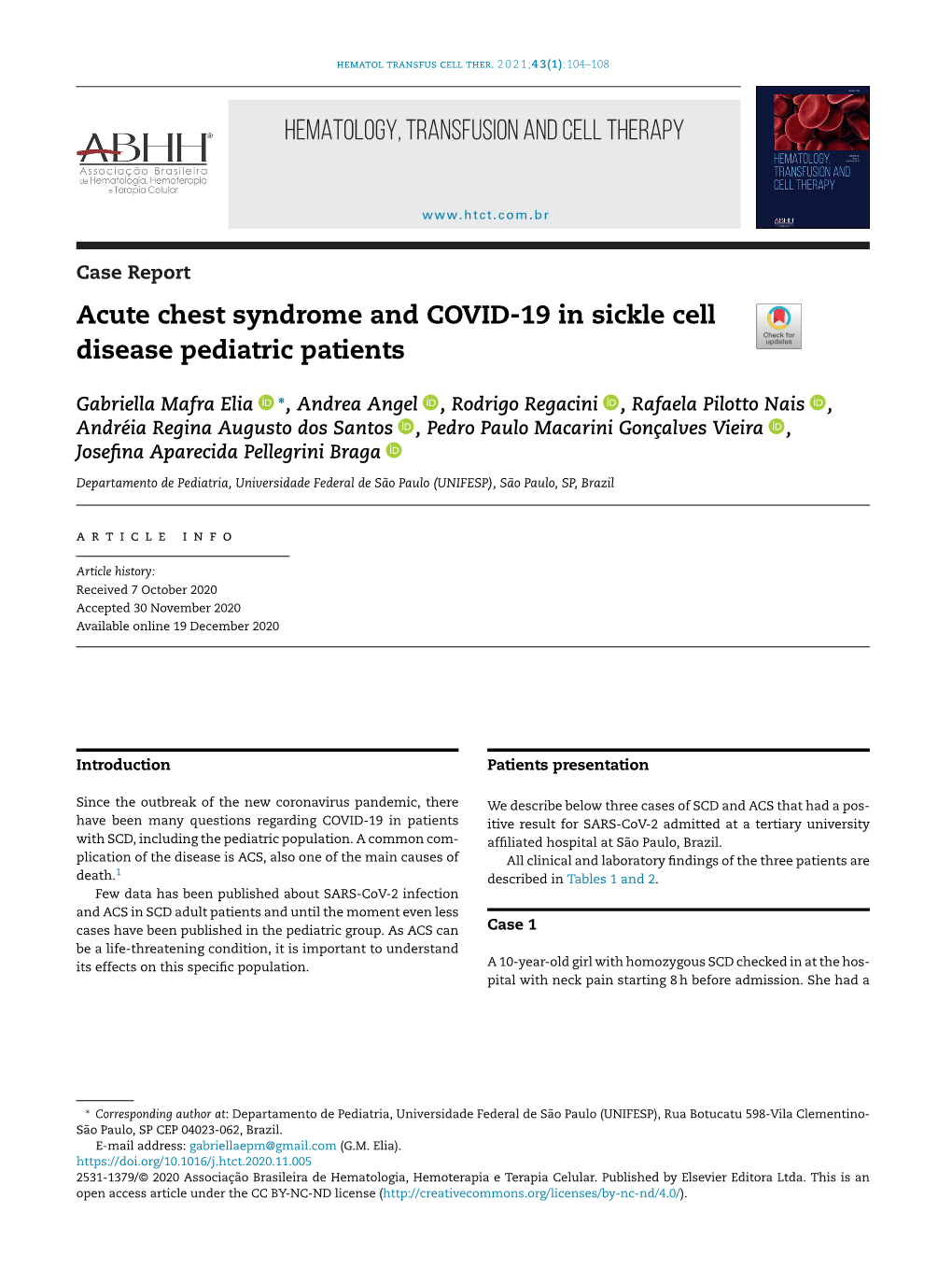 Acute Chest Syndrome and COVID-19 in Sickle Cell Disease Pediatric Patients