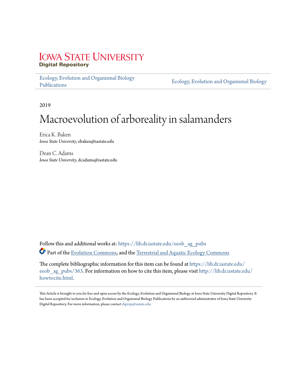 Macroevolution of Arboreality in Salamanders Erica K
