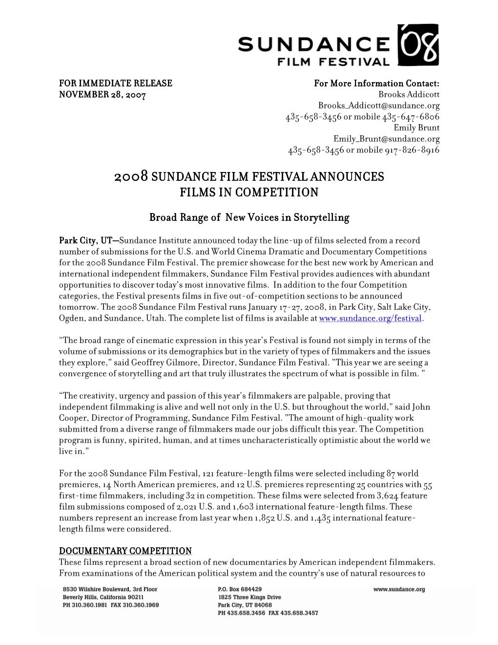 2008S Undance Film Festival Announces