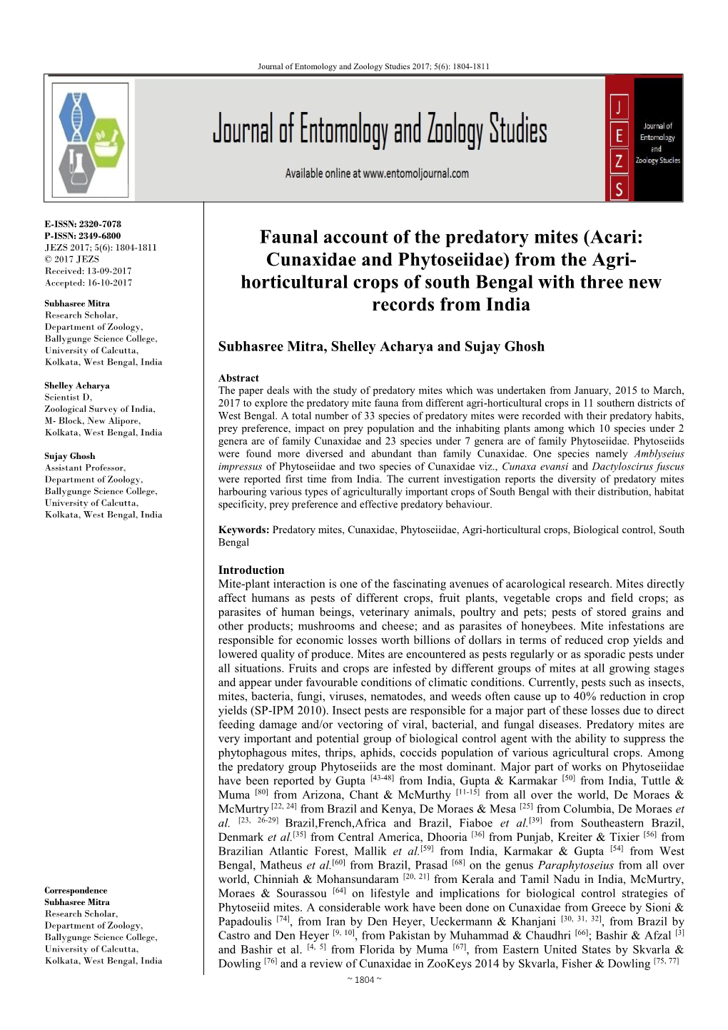 Faunal Account of the Predatory Mites (Acari: Cunaxidae and Phytoseiidae)