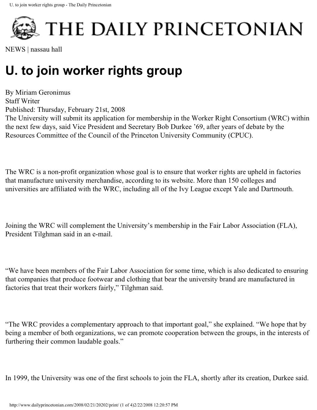 U. to Join Worker Rights Group - the Daily Princetonian
