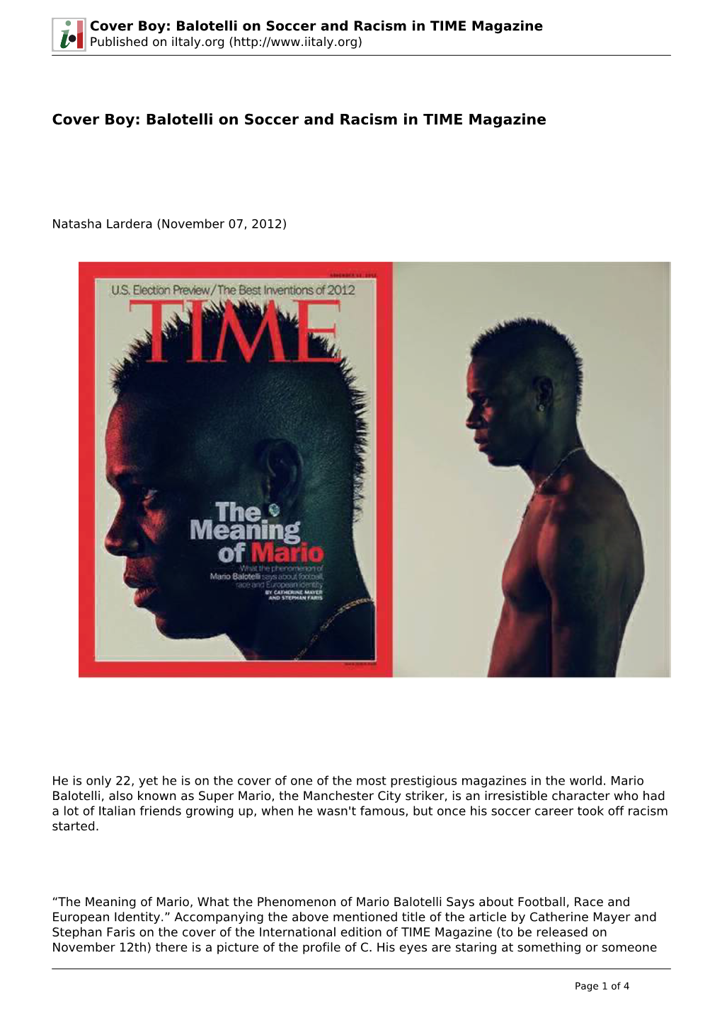 Balotelli on Soccer and Racism in TIME Magazine Published on Iitaly.Org (