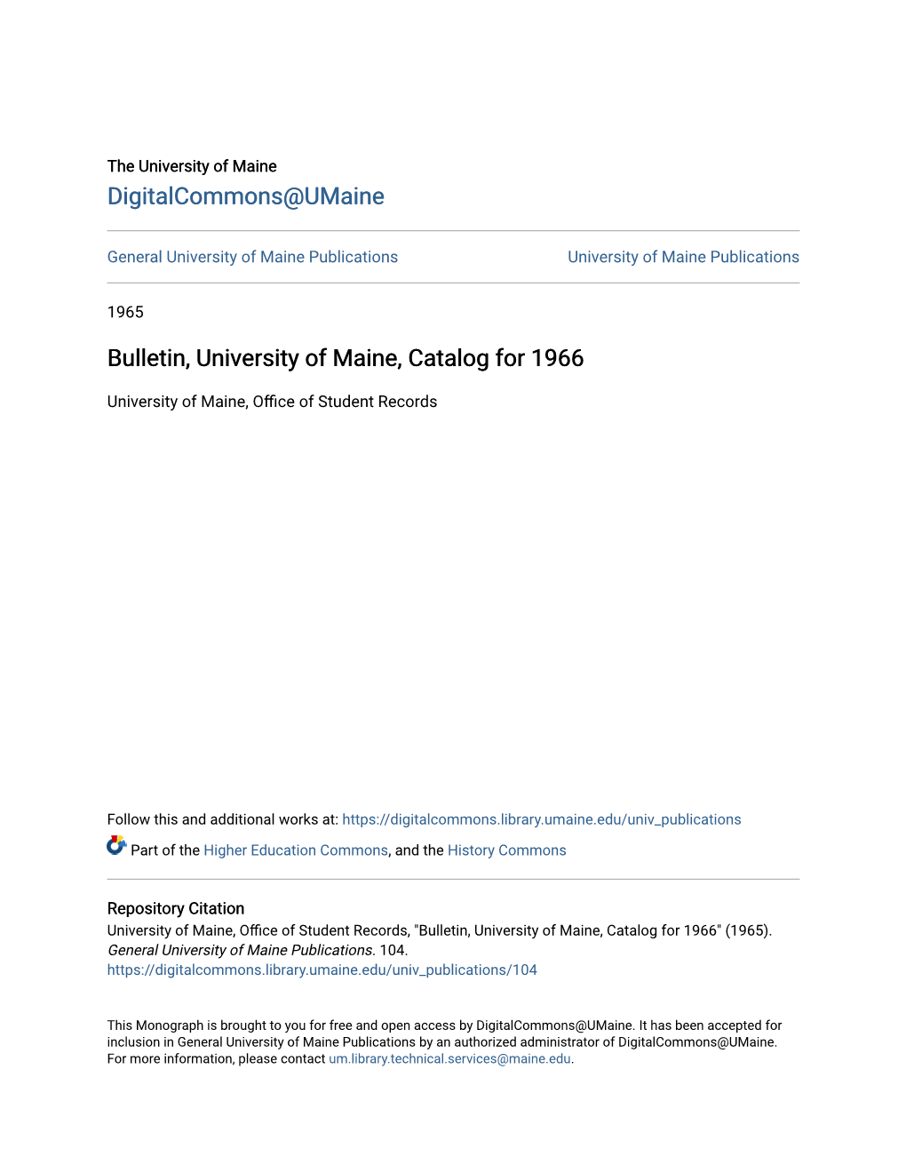 Bulletin, University of Maine, Catalog for 1966