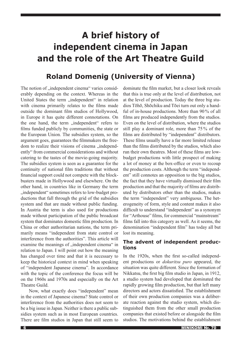 A Brief History of Independent Cinema in Japan and the Role of the Art Theatre Guild