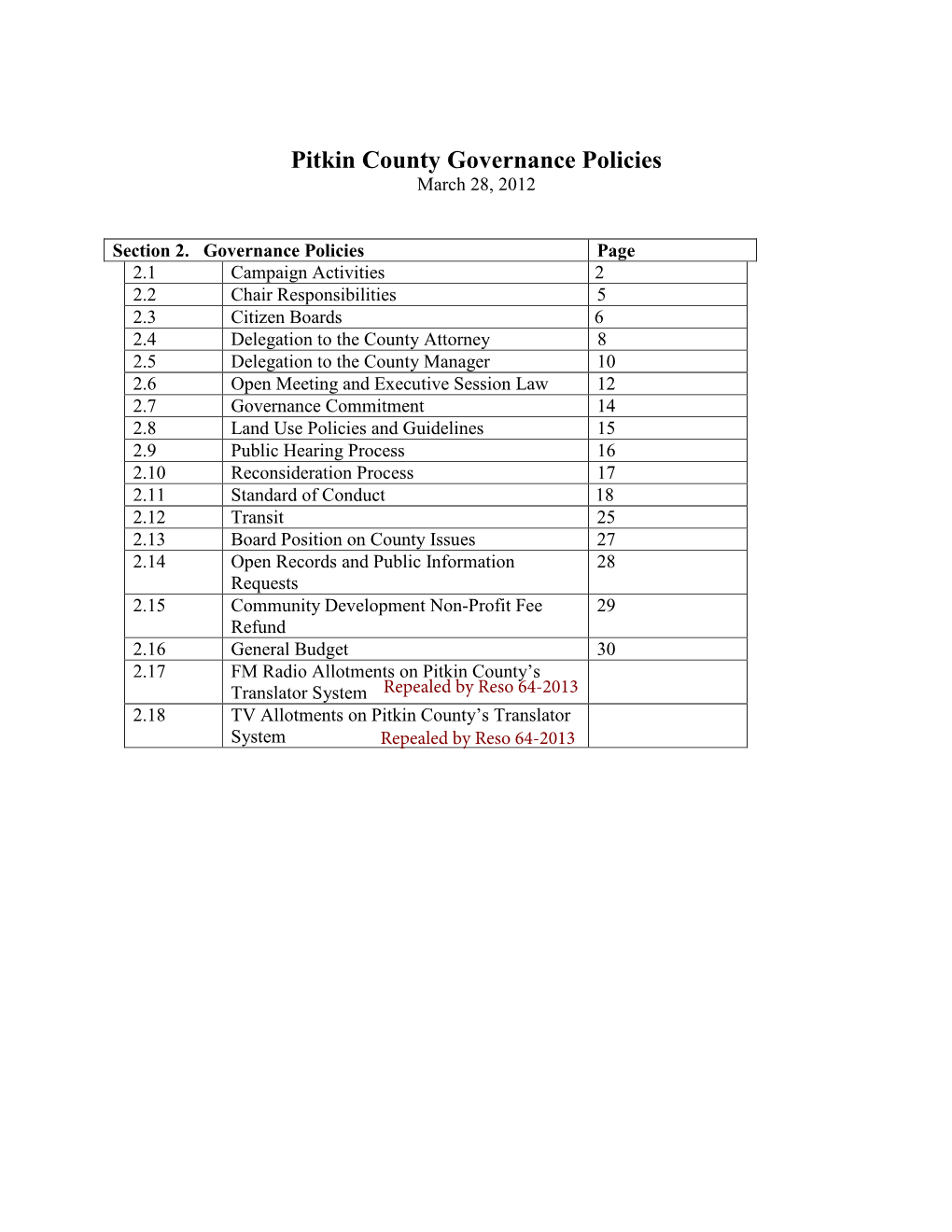 Pitkin County Governance Policies March 28, 2012