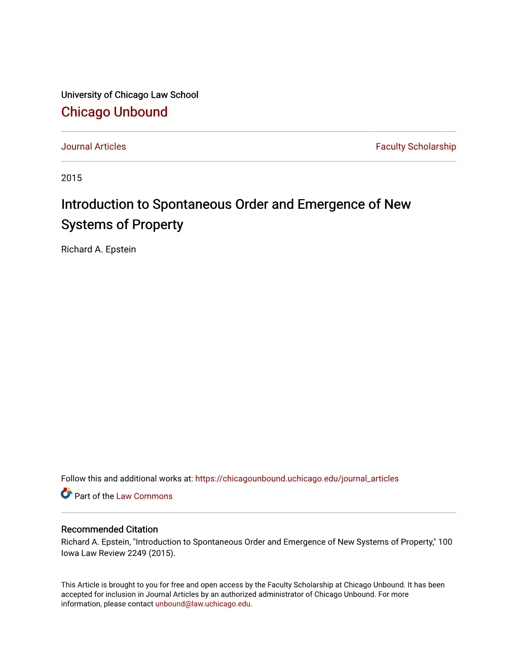 Introduction to Spontaneous Order and Emergence of New Systems of Property