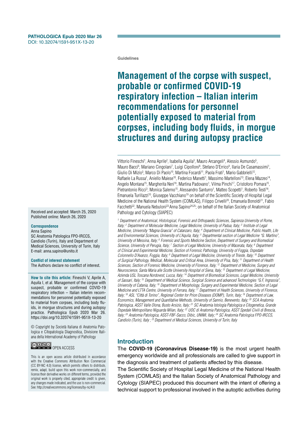 Management of the Corpse with Suspect, Probable Or Confirmed