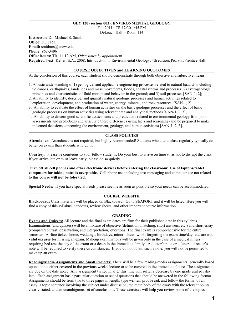 GLY 120 (Section 003): ENVIRONMENTAL GEOLOGY