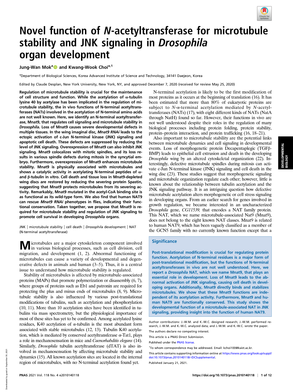 Novel Function of N-Acetyltransferase for Microtubule Stability and JNK Signaling in Drosophila Organ Development