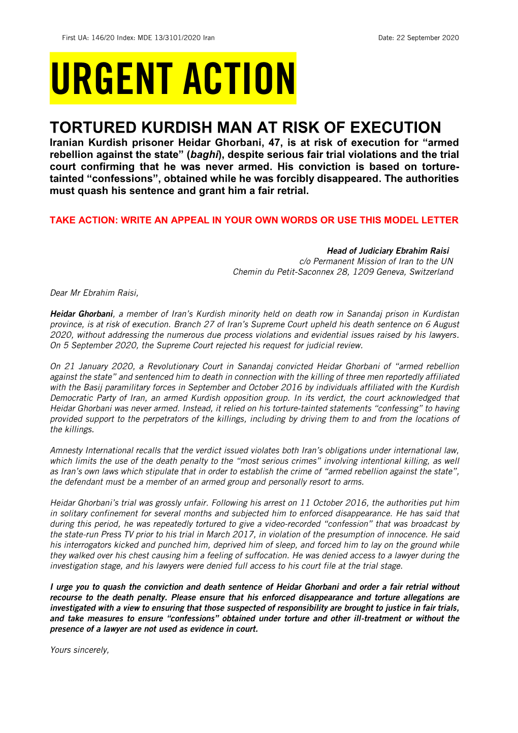 Iran: Tortured Kurdish Man at Risk of Execution: Heidar Ghorbani