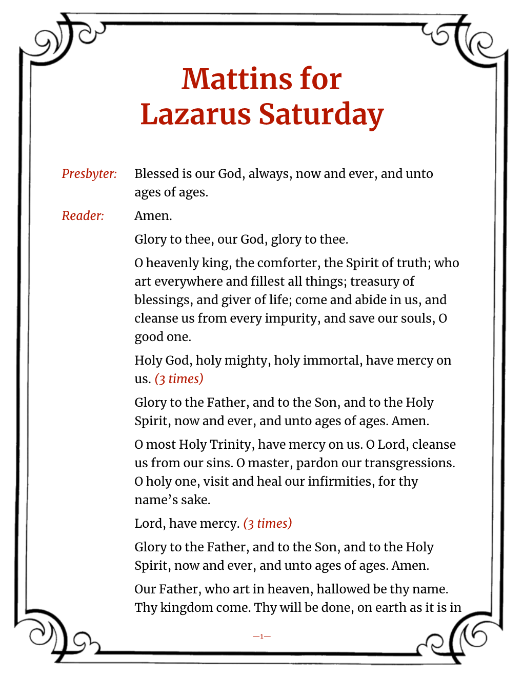 Mattins for Lazarus Saturday